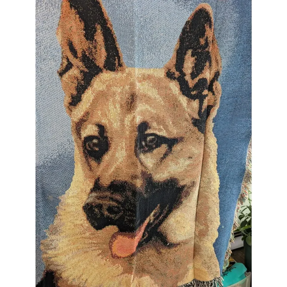 Vintage Linda Picken German Shepherd Dog Woven Tapestry Throw Blanket 47x60 USA